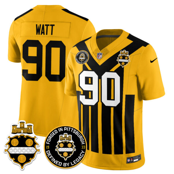 Men’s Pittsburgh Steelers Alternate 1933 Throwback Limited Jersey – All Stitched Gold T. J. Watt – 90 Jersey