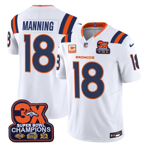 Denver Broncos 3-Time Champions Patch Vapor Limited Jersey V2 – All Stitched – White – Peyton Manning Jersey
