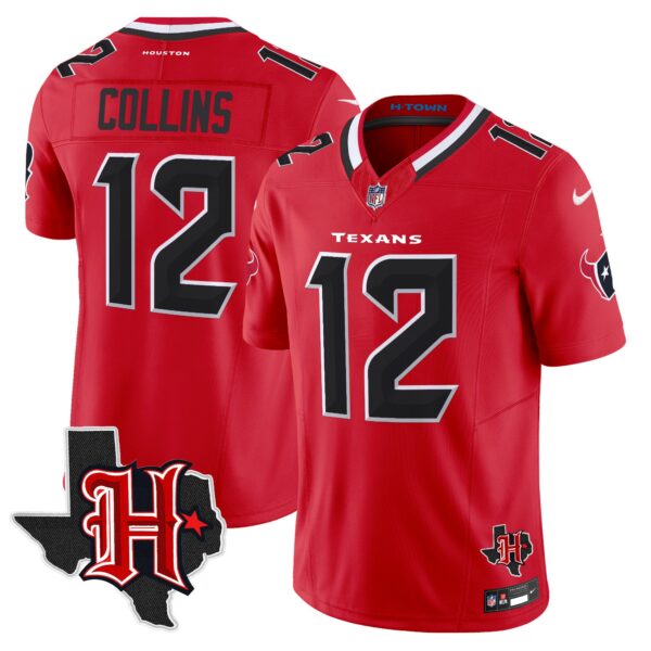 Houston Texans 2024 Texas Patch Vapor Limited Jersey V5 – All Stitched – Red – Nico Collins Jersey