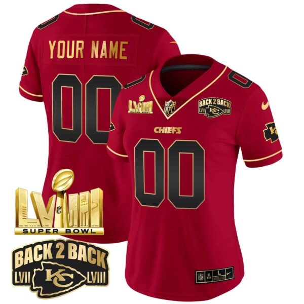 Chiefs Super Bowl LVIII & Back 2 Back Gold Patch Vapor Custom Jersey – All Stitched – Women – Red Special