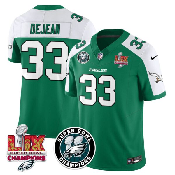 Philadelphia Eagles Super Bowl LIX Champions Jersey – All Stitched – Alternate Kelly Green – Cooper DeJean – 33 Jersey