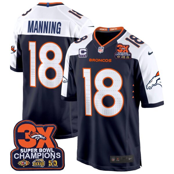 Denver Broncos 3-Time Champions Patch Game Jersey – Al Stitched – Navy Alternate – Peyton Manning Jersey