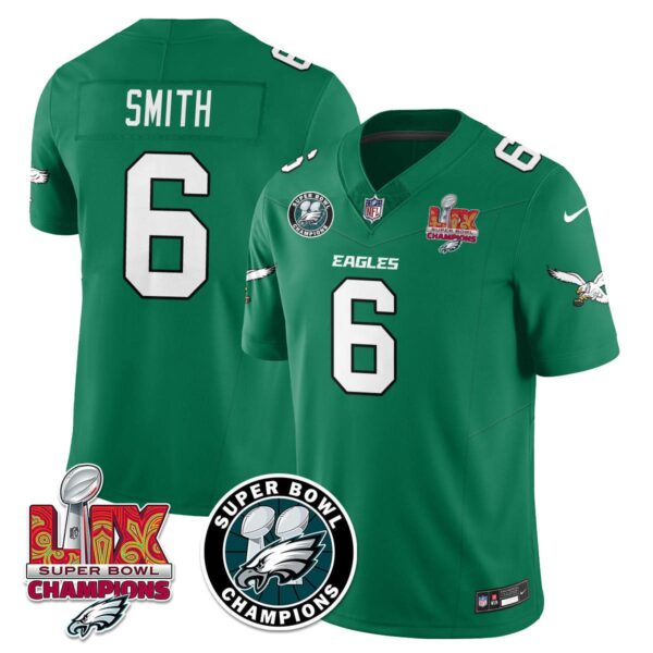 Philadelphia Eagles Super Bowl LIX Champions Jersey – All Stitched – Kelly Green – DeVonta Smith – 6 Jersey