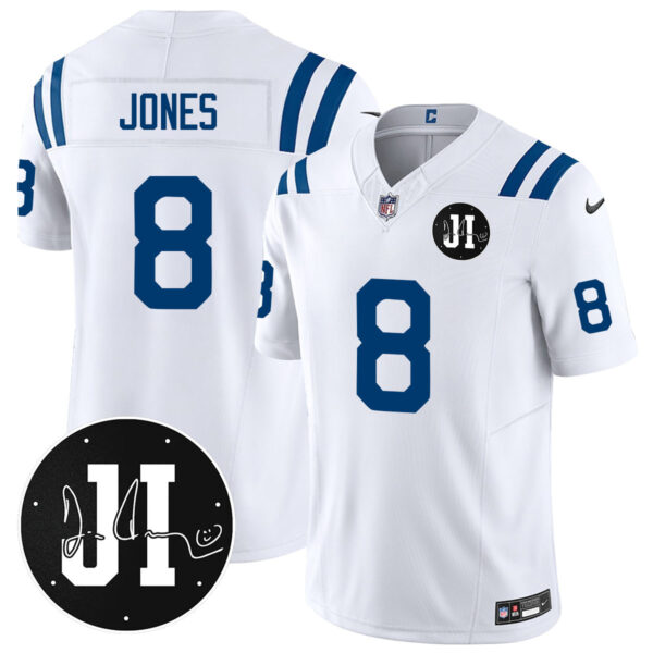 Men’s Indianapolis Colts Limited 2025 Jersey – Memorial Patch for Jim Irsay – All Stitched White Daniel Jones – 8 Jersey
