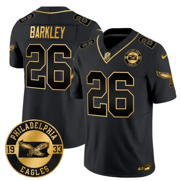 Mens Philadelphia Eagles 2024 Throwback Gold Vapor Limited Jersey Est 1933 Patch Saquon Barkley Jersey Black Gold