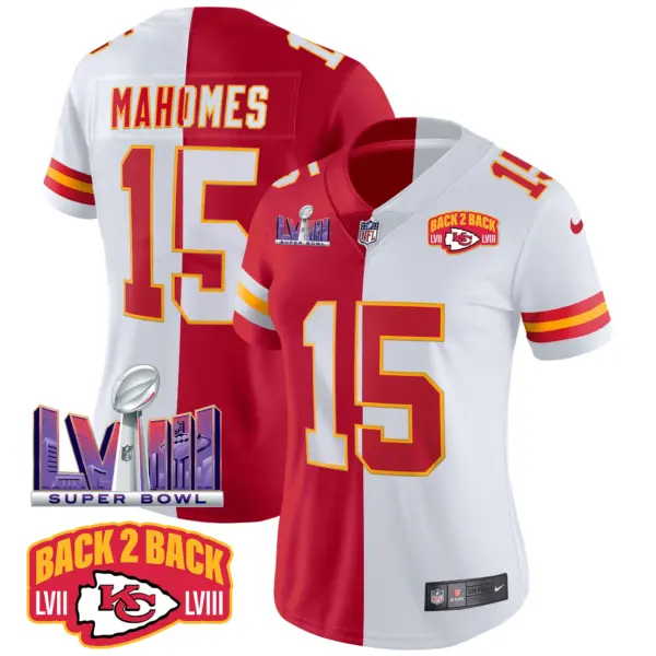 Womens Kansas City Chiefs Super Bowl LVIII Back 2 Back Patch Vapor Jersey V2 Patrick Mahomes Jersey Split