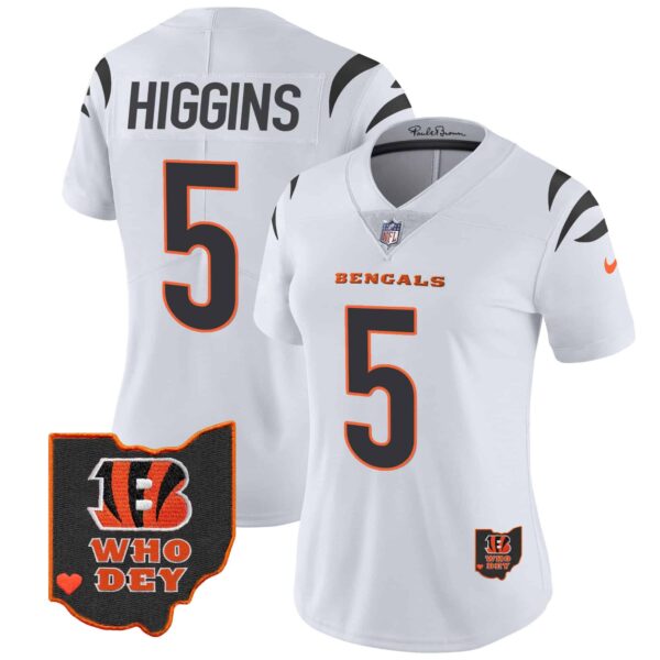 Women’s Bengals Ohio Patch Vapor Limited Jersey V2 – All Stitched – White – Tee Higgins
