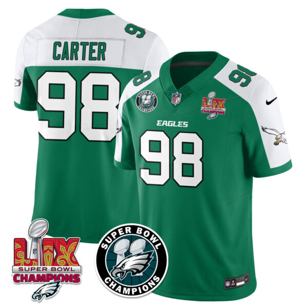 Philadelphia Eagles Super Bowl LIX Champions Jersey – All Stitched – Alternate Kelly Green – Jalen Carter – 98 Jersey