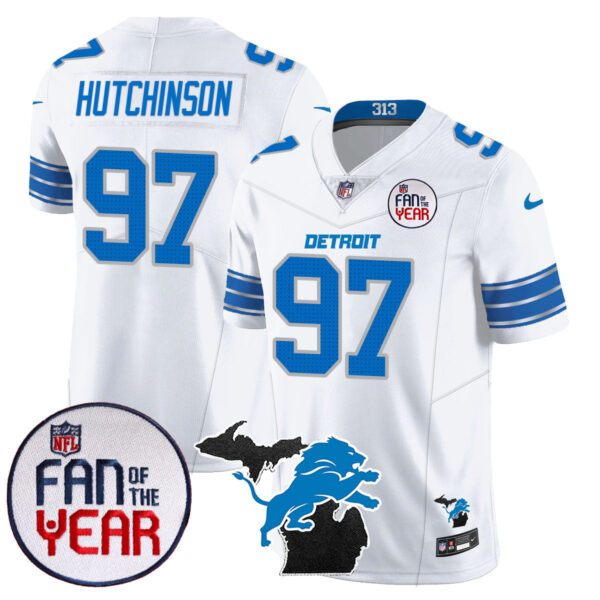 Detroit Lions Fan Of The Year Jersey – All Stitched – White – Aidan Hutchinson – 97 Jersey