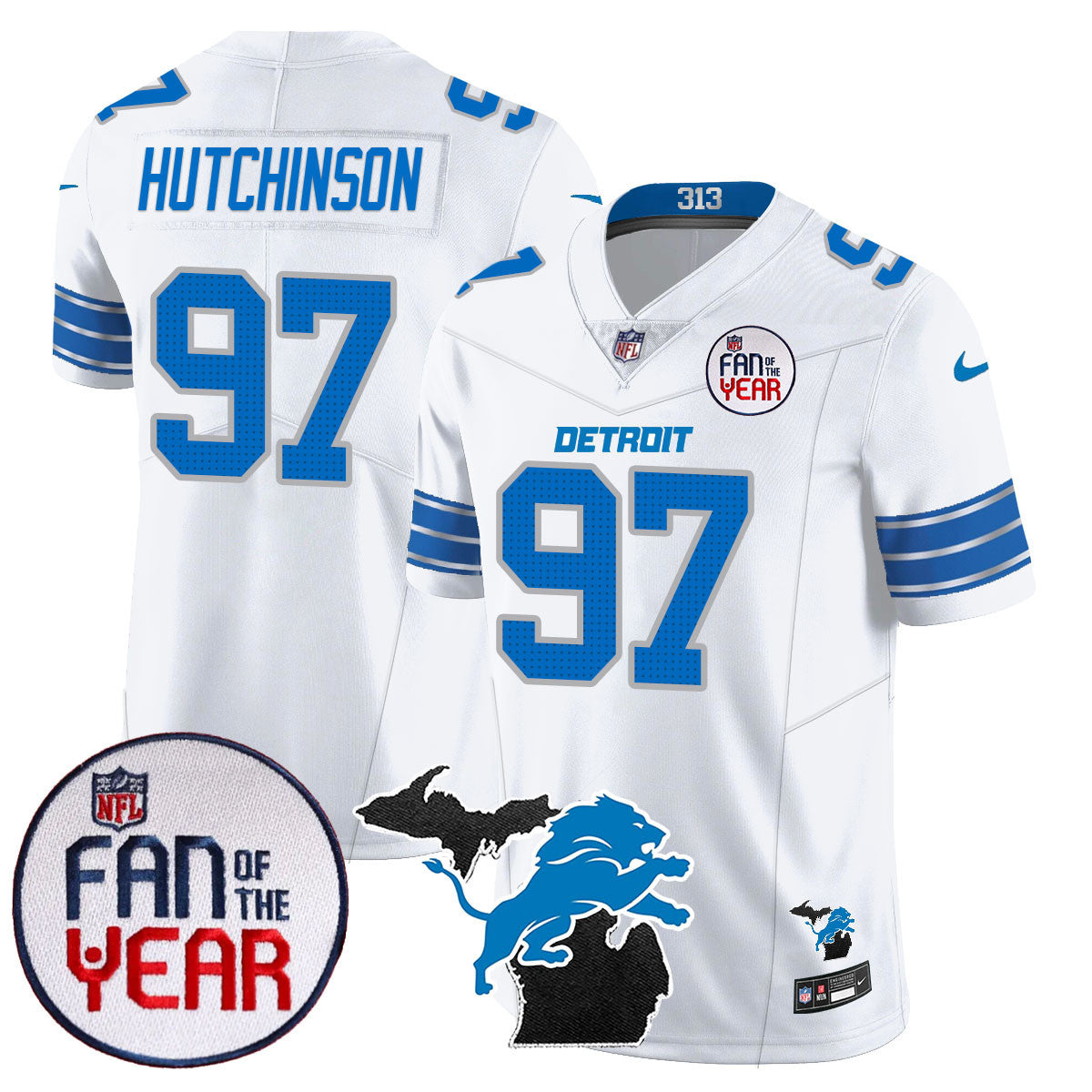Detroit Lions Fan Of The Year Jersey – All Stitched – White – Aidan Hutchinson – 97 Jersey