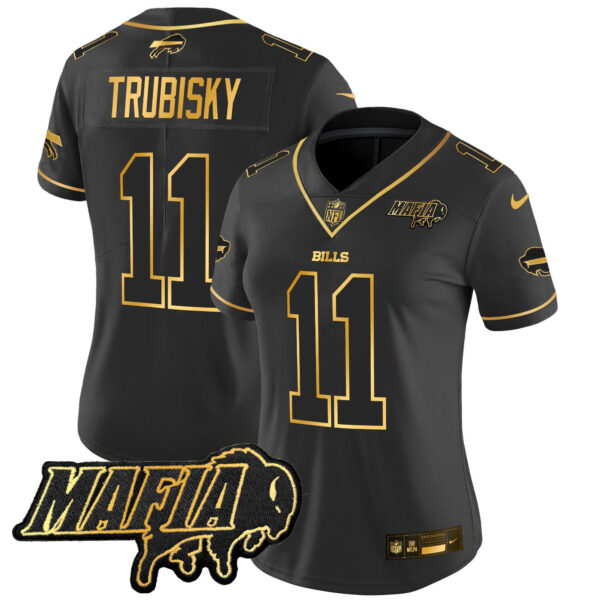 Women’s Buffalo Bills 2024 Bills Mafia Patch Gold Vapor Limited Jersey – All Stitched – Black Gold – Mitchell Trubisky Jersey
