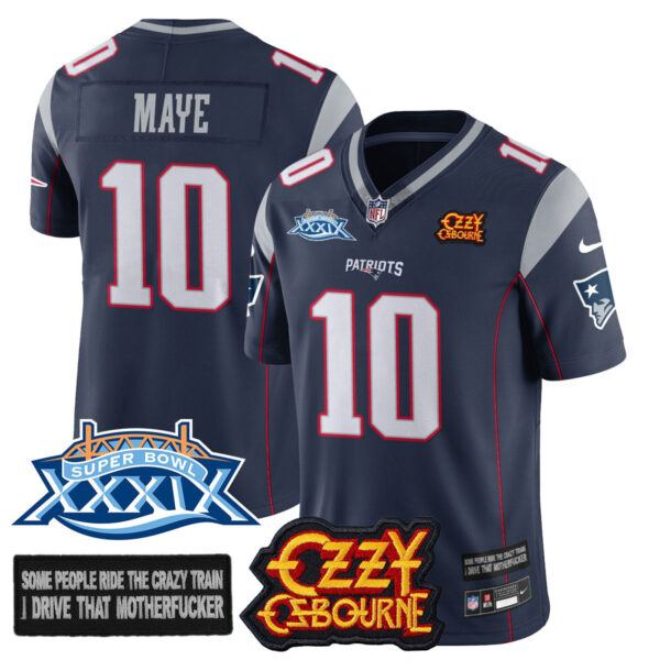 New England Patriots Ozzy Osbourne Jersey – Memories Super Bowl XXXIX – All Stitched – Navy Blue – Drake Maye – 10 Jersey