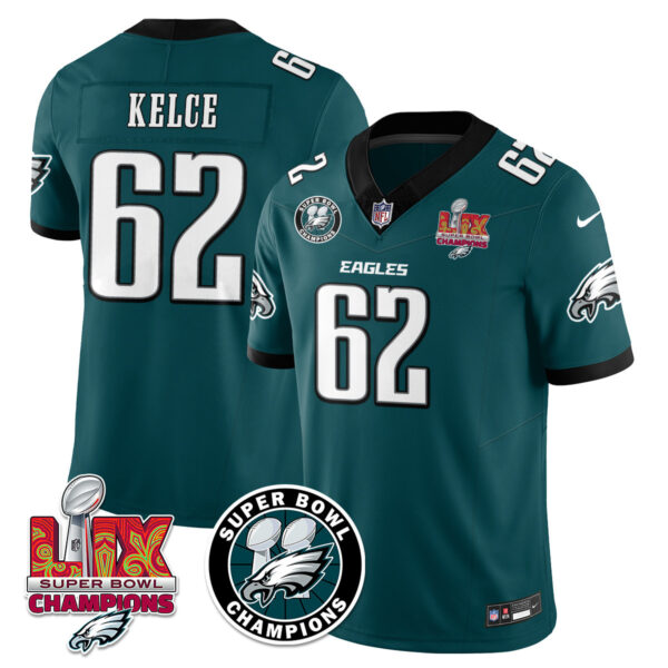 Men’s Philadelphia Eagles Super Bowl LIX Champions Jersey – All Stitched Green Jason Kelce – 62 Jersey