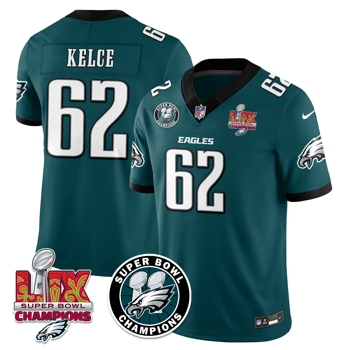 Men’s Philadelphia Eagles Super Bowl LIX Champions Jersey – All Stitched Green Jason Kelce – 62 Jersey