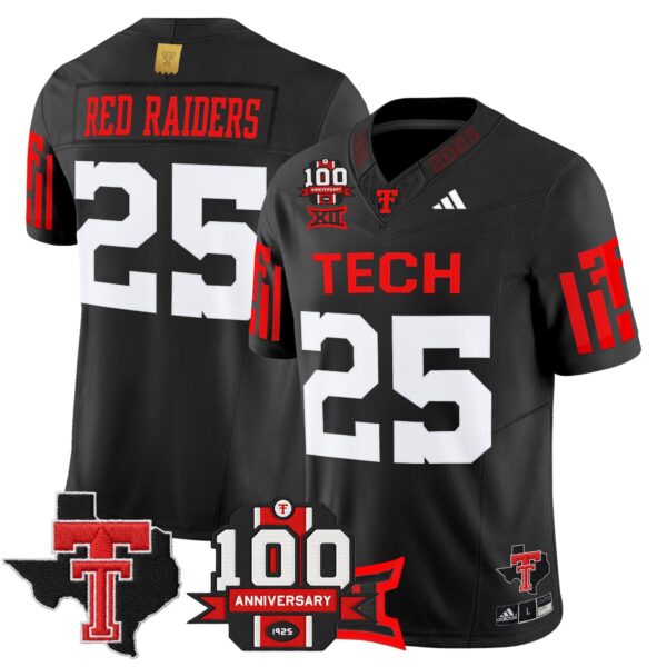 Texas Tech Red Raiders 2025 Vapor Limited Jersey – 100th Anniversary & Texas Patch – All Stitched – Black – #25 Red Raiders Jersey