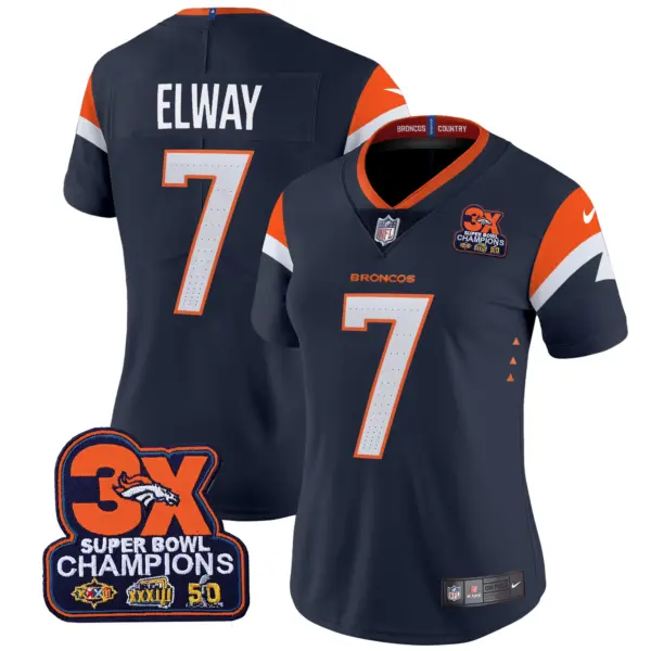 Womens Denver Broncos 3 Time Champions Patch Vapor Limited Jersey John Elway Jersey Navy