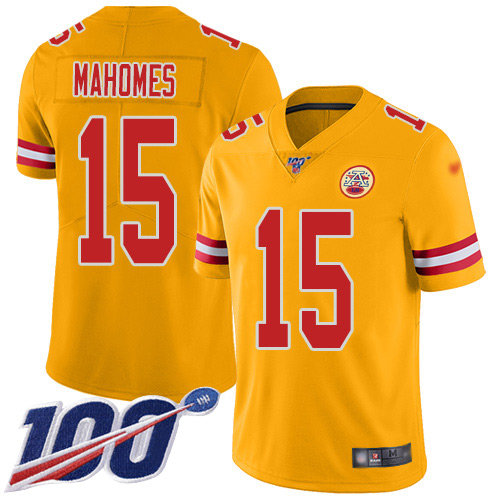 Chiefs #15 Patrick Mahomes Gold Men’s Stitched Football Limited Inverted Legend 100th Season Jersey