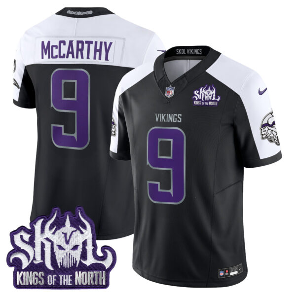 Men’s Minnesota Vikings 2025 Winter Warrior Skol Patch Vapor Limited Jersey V1 – All Stitched Black Alternate J.J. McCarthy Jersey
