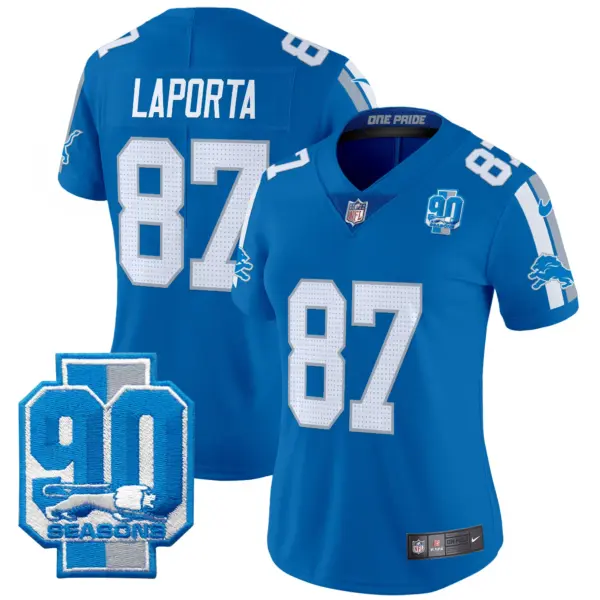 Womens Detroit Lions 90Th Year Patch Vapor Limited Jersey Sam Laporta Jersey Blue