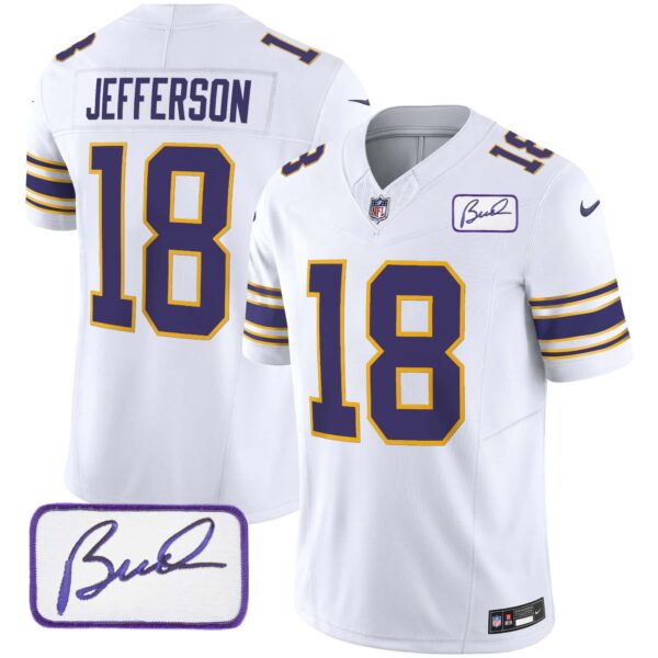 Men’s Vikings Bud Grant Patch Classic Limited Jersey – All Stitched – White – Justin Jefferson