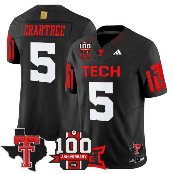 Texas Tech Red Raiders 2025 Vapor Limited Jersey – 100th Anniversary & Texas Patch – All Stitched – Black – Michael Crabtree Jersey