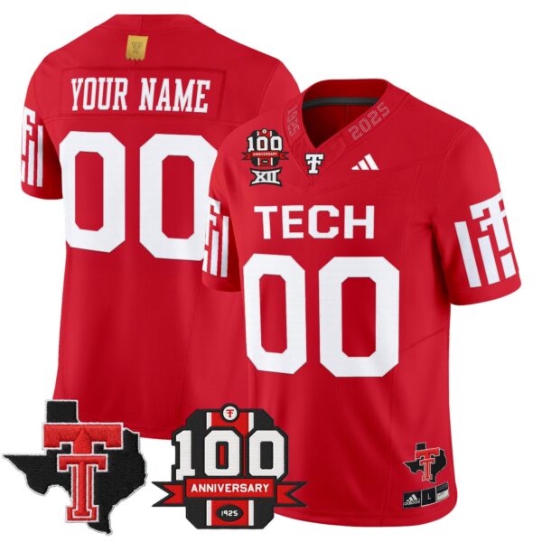 Texas Tech Red Raiders 2025 Vapor Limited Custom Jersey – 100th Anniversary & Texas Patch – All Stitched – Red Jersey