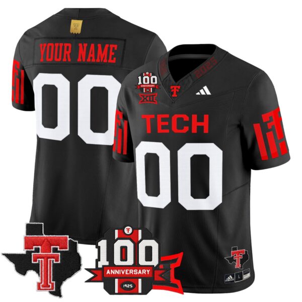 Texas Tech Red Raiders 2025 Vapor Limited Custom Jersey – 100th Anniversary & Texas Patch – All Stitched – Black Jersey