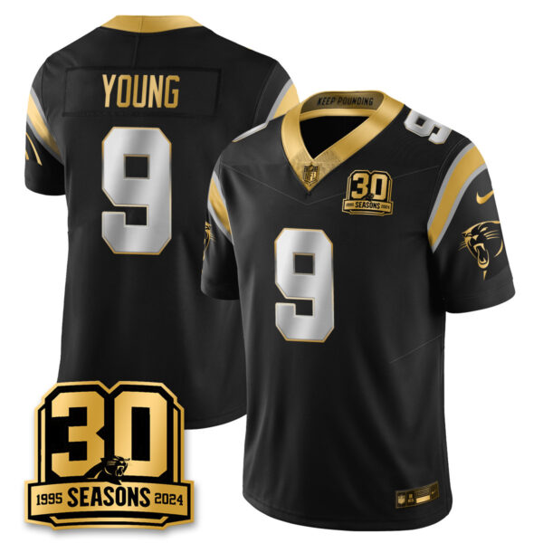 Men’s Carolina Panthers 2024 Vapot Limited Jersey – 30th Season – All Stitched Bryce Young – 9 Black Gold Jersey