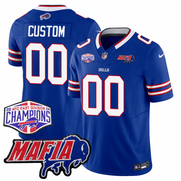 Custom Buffalo Bills 24/25 Jersey – Bills Mafia + AFC East Championship Patch – Blue Jersey