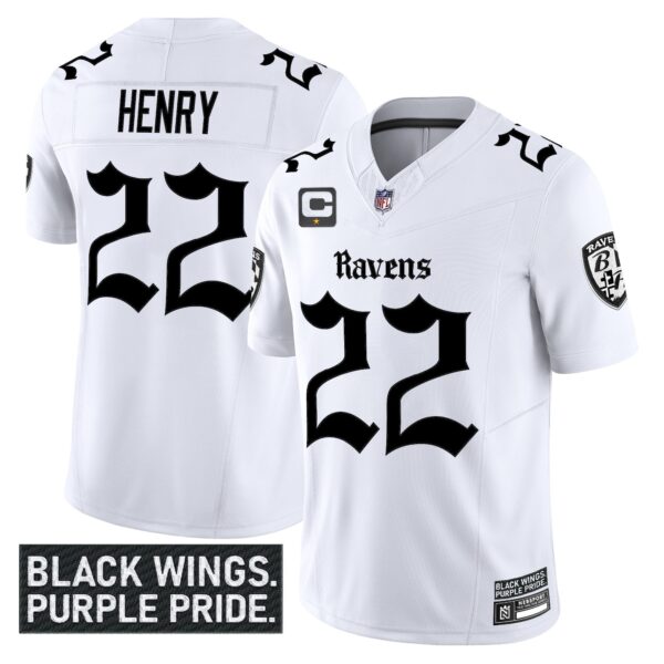 Baltimore Ravens ‘Gothic Nevermore Edition’ Vapor Limited Jersey – All Stitched – White – Derrick Henry Jersey