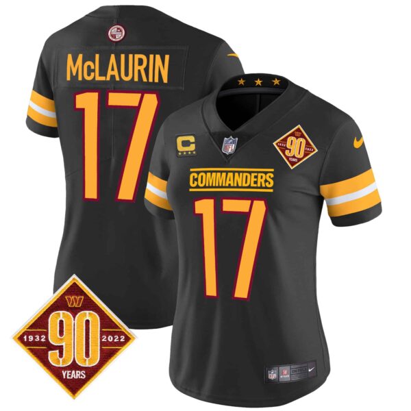 Women’s Washington Commanders 90th Anniversary Patch Vapor Jersey V2 – All Stitched – Black – Terry McLaurin