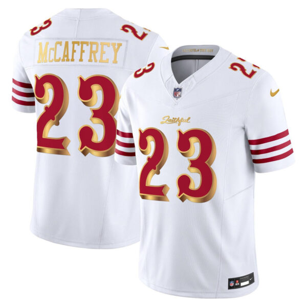 Youth’s San Francisco 49ers 2025 Rivalries Vapor Limited Jersey V2 – All Stitched White Gold Christian McCaffrey – 23 Jersey