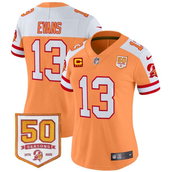 Women’s Tampa Bay Buccaneers Throwback 50th Season Patch Vapor Limited Jersey – All Stitched Creamsicle Alternate Mike Evans Jersey