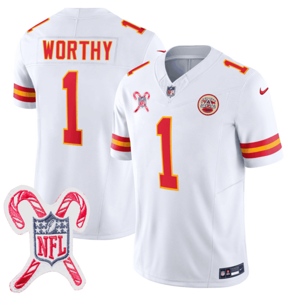 Men’s Kansas City Chiefs Limited Jersey – Christmas Patch – WORTHY – 1 – White Jersey