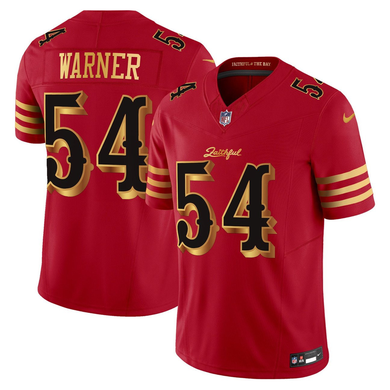 Men’s San Francisco 49ers 2025 Rivalries Vapor Limited Jersey V2 – All Stitched Red Gold Fred Warner – 54 Jersey