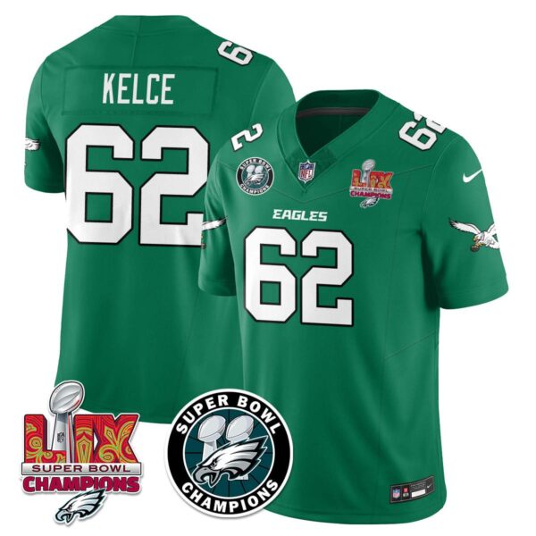 Philadelphia Eagles Super Bowl LIX Champions Jersey – All Stitched – Kelly Green – Jason Kelce – 62 Jersey