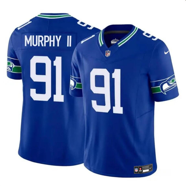 Men’s Seattle Seahawks #91 Byron Murphy II Royal 2024 Draft F.U.S.E Throwback Vapor Limited Football Stitched Jersey