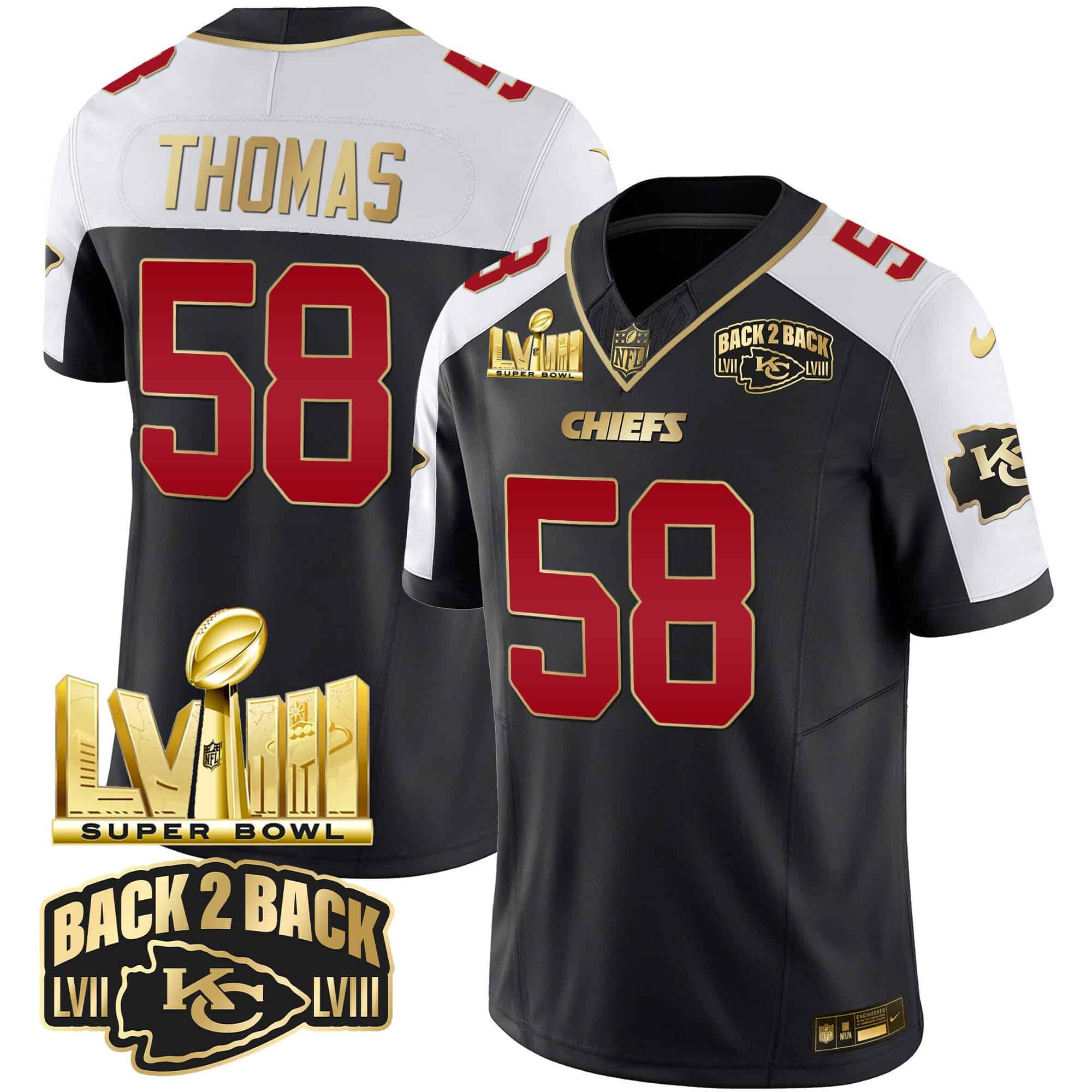 Men’s Chiefs Super Bowl LVIII & Back 2 Back Gold Patch Vapor Jersey – All Stitched – Black Alternate – Derrick Thomas