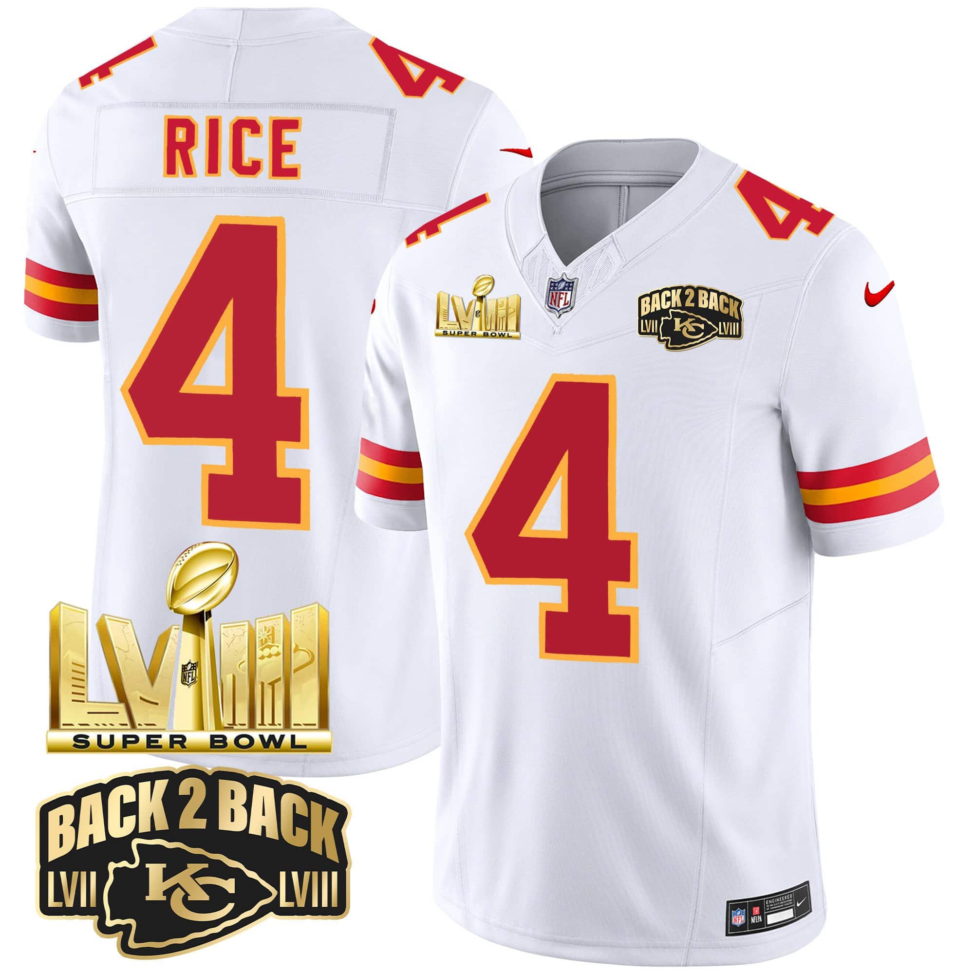 Men’s Chiefs Super Bowl LVIII & Back 2 Back Gold Patch Vapor Jersey – All Stitched – White – Rashee Rice