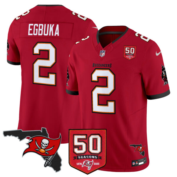 Men’s Tampa Bay Buccaneers 50th Season Patch Vapor Limited Jersey – All Stitched Red Emeka Egbuka Jersey