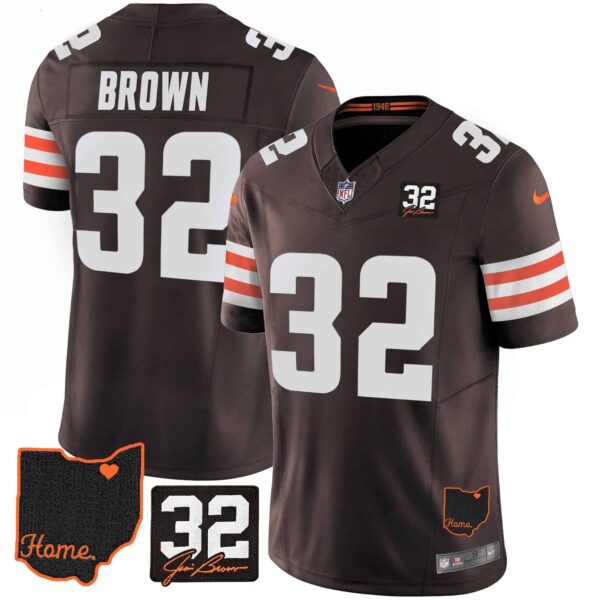 Men’s Browns #32 Jim Brown Memorial & Home Patch Jersey V3 – All Stitched – Brown – Jim Brown