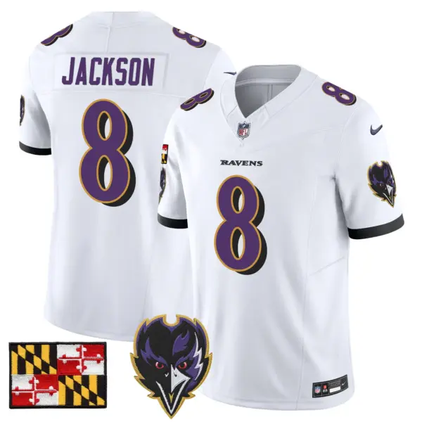 Mens Baltimore Ravens 2024 Maryland Flag Vapor Limited Jersey V2 Lamar Jackson Jersey White