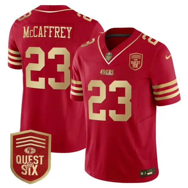 Mens San Francisco 49Ers Quest For Six Patch Vapor Limited Jersey Christian Mccaffrey Jersey Scarlet Gold