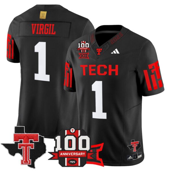 Texas Tech Red Raiders 2025 Vapor Limited Jersey – 100th Anniversary & Texas Patch – All Stitched – Black – Reggie Virgil Jersey