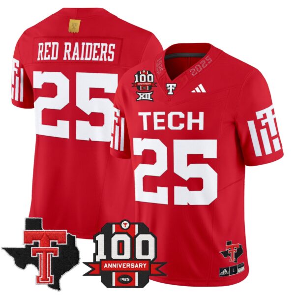 Texas Tech Red Raiders 2025 Vapor Limited Jersey – 100th Anniversary & Texas Patch – All Stitched – Red – #25 Red Raiders Jersey