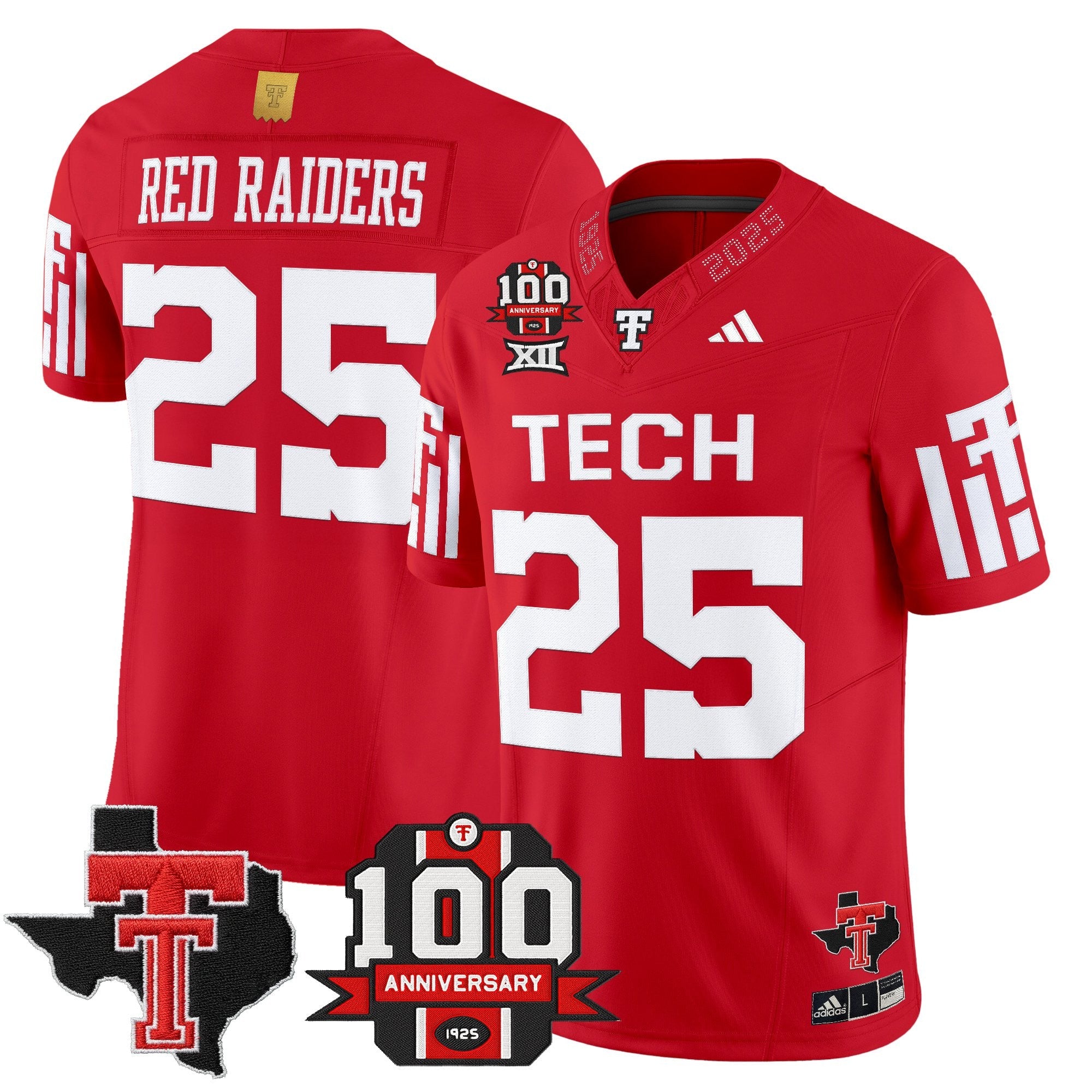 Texas Tech Red Raiders 2025 Vapor Limited Jersey – 100th Anniversary & Texas Patch – All Stitched – Red – #25 Red Raiders Jersey