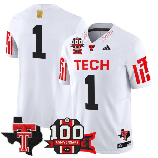 Texas Tech Red Raiders 2025 Vapor Limited Jersey – 100th Anniversary & Texas Patch – All Stitched – White – #1 Team Jersey