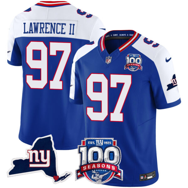 Men’s New York Giants 100th Season & State Patch Vapor Limited Jersey – All Stitched Royal Alternate Dexter Lawrence II Jersey