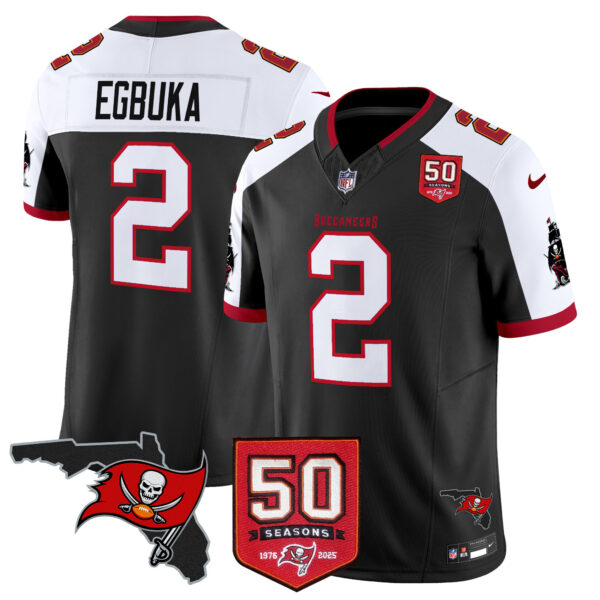 Men’s Tampa Bay Buccaneers 50th Season Patch Vapor Limited Jersey – All Stitched Black Alternate Emeka Egbuka Jersey