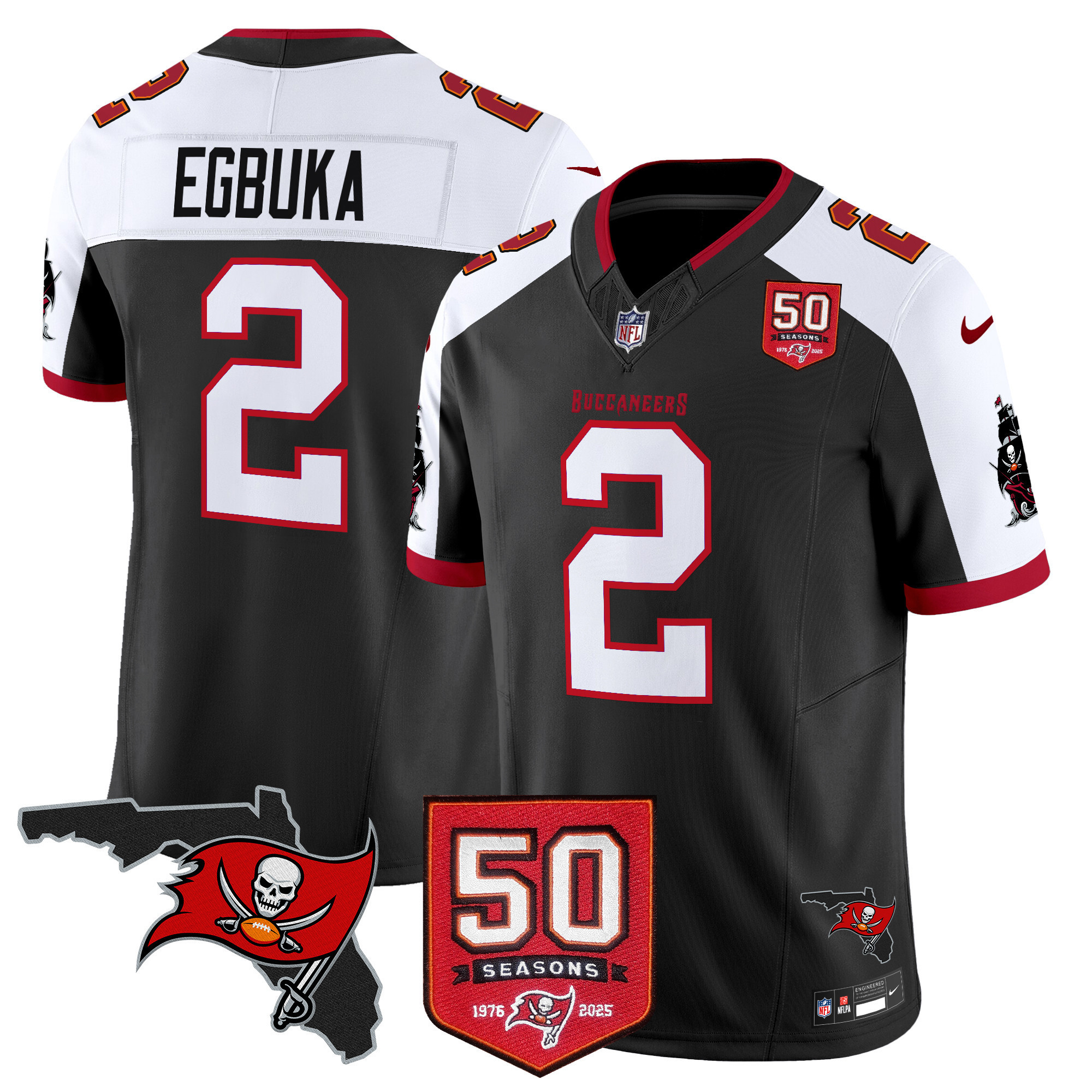 Men’s Tampa Bay Buccaneers 50th Season Patch Vapor Limited Jersey – All Stitched Black Alternate Emeka Egbuka Jersey
